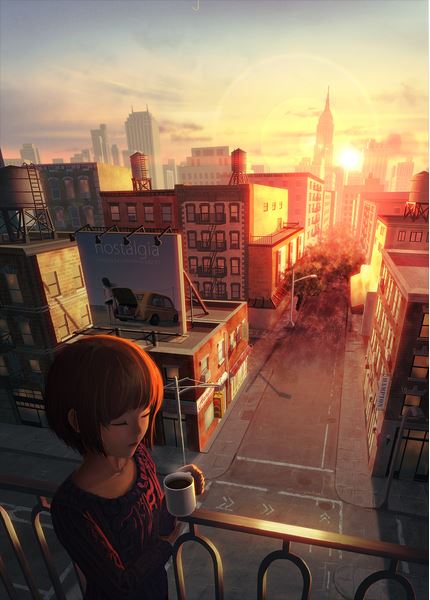 Graphic art illustration girl looking over city at sunrise