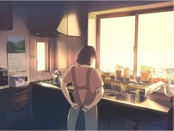 Mother in kitchen graphic art illustration